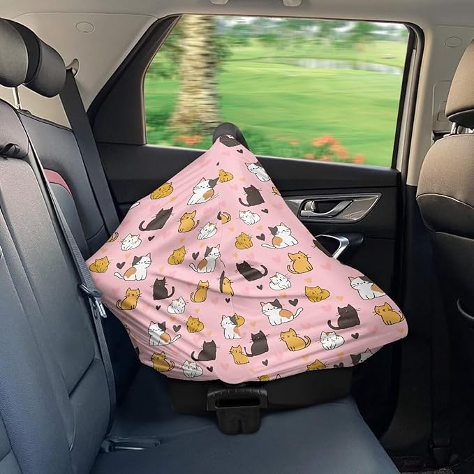 Binienty Baby Car Seat Covers - Cartoon Kitten Infant Carseat Canopy Multi-use Stretch Nursing Cover for Breastfeeding-BubblyBeeBaby