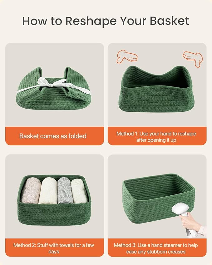 KALLAX Small Woven Basket, 12 x 8 x 4.5 Inches, Storage Basket for Organizing, Cute Small Rope Shelf Closet Cube Storage Bins Baskets for Shelves, Dog Toy Gift Baskets Empty, 3 Packs, Green-BubblyBeeBaby