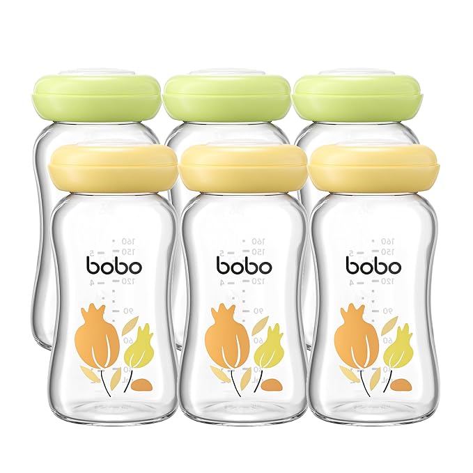 YOHKOH Breast Milk Storage Bottles - Wide Neck Glass Breastmilk Storage Bottles with Lids, BPA-Free (Multicolor1, 5.4oz (Pack of 6))-BubblyBeeBaby