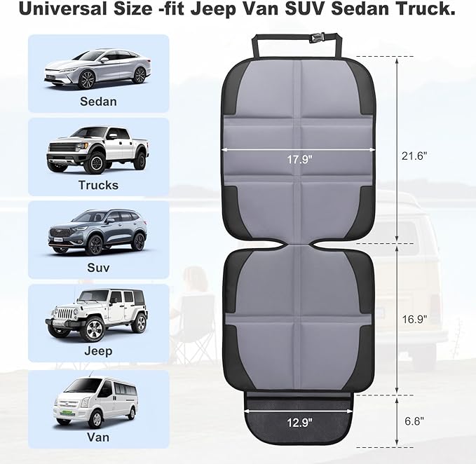 Car Seat Protector 2 Pack Baby Car Seat Covers with Mesh Pockets & Non-Slip Backing 600D Durable Seat Protector Under Baby Car Seat (Gray, Standard)-BubblyBeeBaby