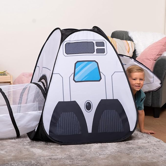 JOYIN White Rocket Ship Pop up Play Tent with Tunnel and Playhouse Kids Indoor Outdoor Spaceship Tent Set-BubblyBeeBaby