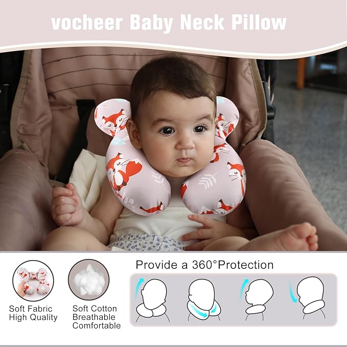 vocheer Baby Travel Pillow(Upgraded), Head and Neck Support Pillow for Pushchair, Car Seat,Stroller, Bouncer, Cotton, Orange Fox-BubblyBeeBaby