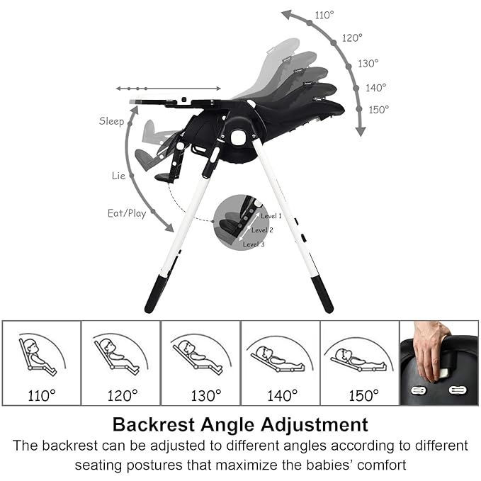 INFANS High Chair for Babies & Toddlers, Foldable Highchair with Multiple Adjustable Backrest, Footrest and Seat Height, Removable Tray, Detachable PU Leather Cushion, Built-in Rear Wheels (Black)-BubblyBeeBaby