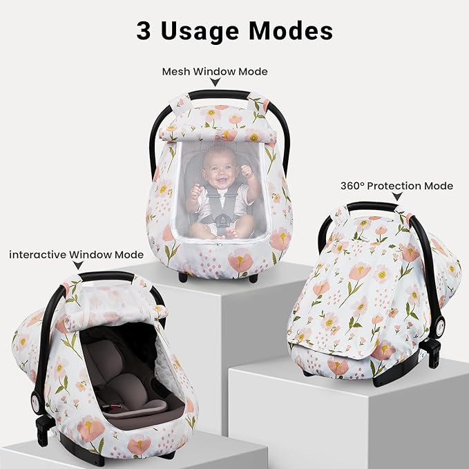 Elstey Car Seat Cover Baby, Minky Dot Carseat Covers Baby Girls, Lightweight Infant Car Seat Cover Canopy with 2 Layers Breathable Mesh Windows, Stroller Carrier for Babies Newborn Essentials-BubblyBeeBaby