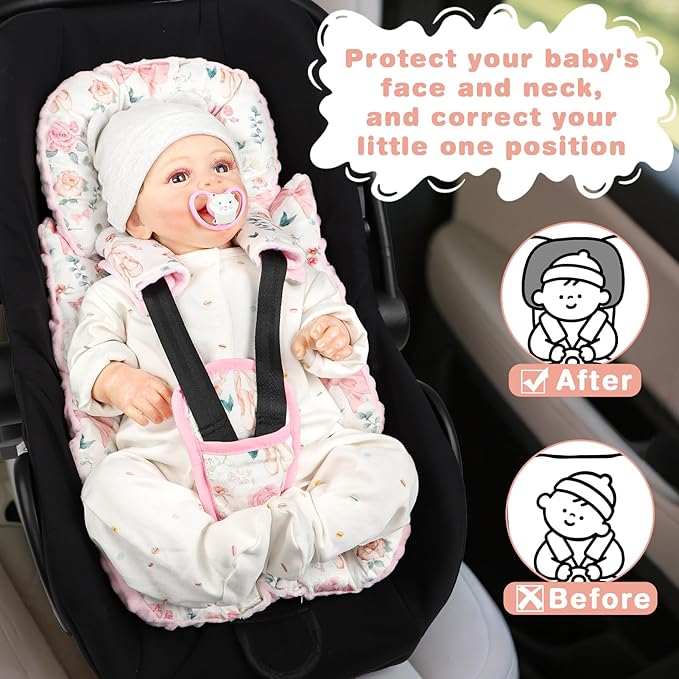 3-in-1 Infant Car Seat Insert, Soft Head and Body Support,Ultra & Strap Covers Set, Reversible Newborn Car Seat Cushion Pad for Baby Boy & Girl fits Stroller, Swing, Bouncer (Pink Bow)-BubblyBeeBaby