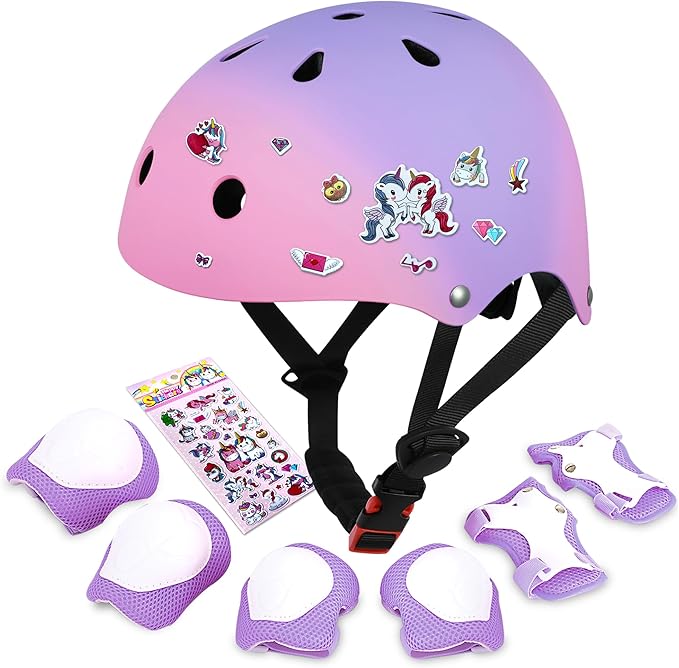 Kids Bike Helmet with DIY Stickers and Knee Pads Elbow Pads Wrist Guard Set for Ages 3-8-14 Toddler Boys Girls Helmet for Roller Skates Cycling Skateboarding Bicycle Scooter-BubblyBeeBaby