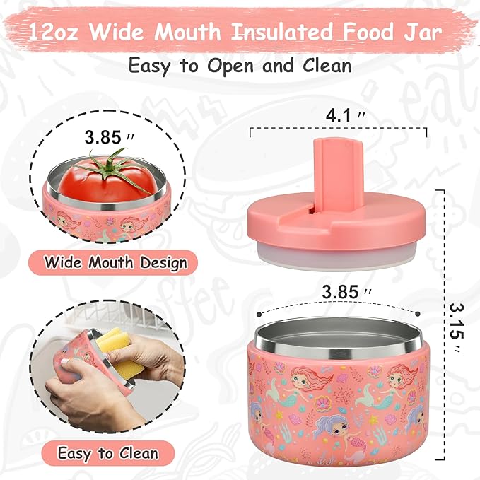 12oz Insulated Vacuum Food Jar with Buckle Lid Wide Mouth Soup Thermo for Hot Food Kids Leakproof Stainless Steel Lunch Container (mermaid)-BubblyBeeBaby