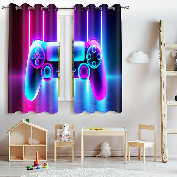 Jekeno Game Controller Blackout Curtains for Boys Bedroom Colorful Gamer Gaming Gamepad Decor for Home Living Room Darkening Grommet Window Drapes 2 Panel Set, 42"x63"-BubblyBeeBaby