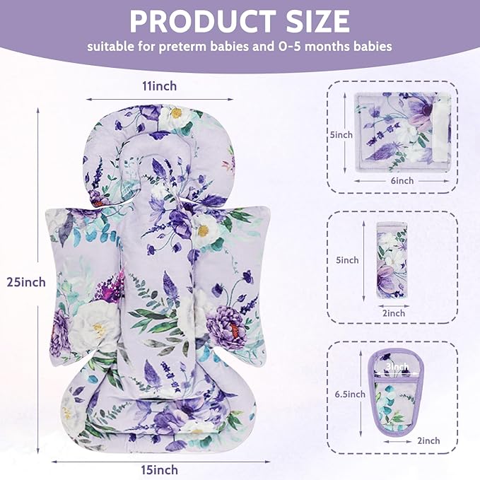 Infant Car Seat Insert and Strap Covers, Very Soft Car Seat Head Support Baby Girl Boy, Reversible Newborn Carseat Insert Cushion Fits for Stroller, Baby Swing, Bouncer (Purple Floral)-BubblyBeeBaby