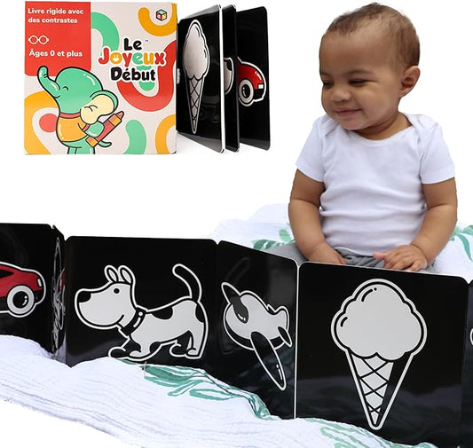 Happy Start Award-Winning High Contrast Board Book - Newborn Black & White Baby Cards, Easy to Clean, Hospital Approved, Stands on Its Own, Tummy Time Toy, Ages 0+ (French)-BubblyBeeBaby