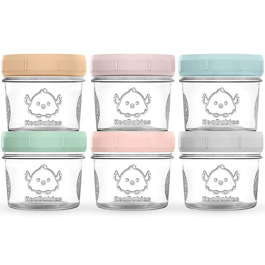 KeaBabies 6pk 4oz Glass Baby Food Containers with Lids - Leak-Proof, Microwavable Small Glass Jars, Baby Purees & Toddler Snack Storage Containers, BPA-Free, Dishwasher & Freezer Safe (Musk Dusk)-BubblyBeeBaby