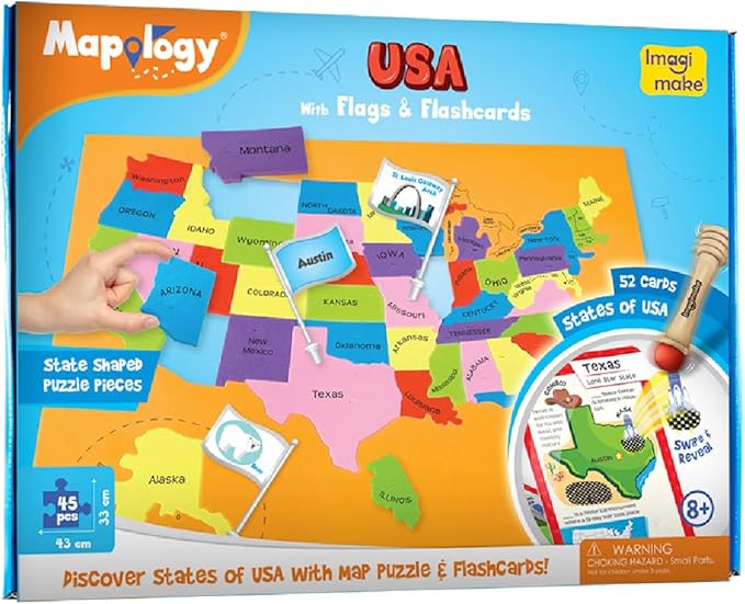 Imagimake Mapology United States Flash Card Puzzle with Flags, Country- Capitals | Educational Toys for Kids Ages 5-8 | Learn Geography Puzzles for kids Ages 8-10 | Christmas Gift for Boys & Girls-BubblyBeeBaby