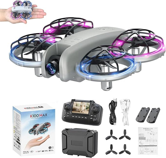 K100Max Mini Drones With Camera For Kids And Begginers, Indoor Small Helicopter Plane Quadcopter With Screen Remote Controller, Gift Toy for Boys and Girls, Headless Mode, 2 Batteries(Gray)-BubblyBeeBaby