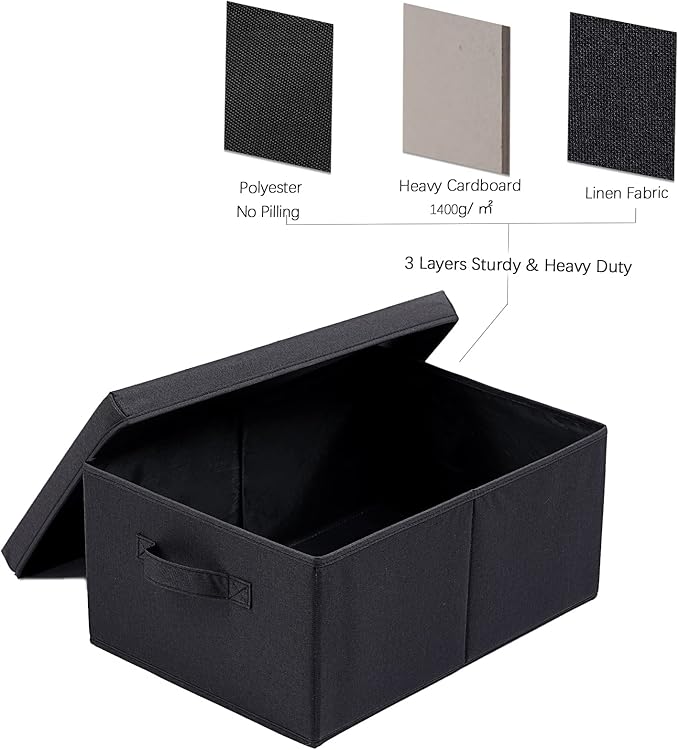 HOONEX Storage Bins with Lids for Organizing, Pack of 2, Storage Boxes with 2 Carrying Handles and Sturdy Heavy Cardboard, 16.5" L x 11.8" W x 7.5" H for Shoes, Books, Clothes, Black-BubblyBeeBaby