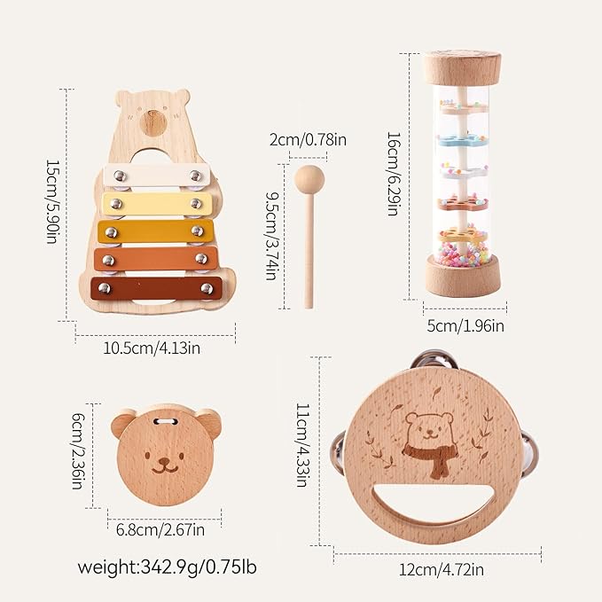 IEATFO Baby Musical Instruments - Your Child's First Musical Toys with Castanet Rainmaker Tambourine Xylophone - Baby Friendly Design Wooden Instruments Set Grow with Your Boys and Girls-BubblyBeeBaby