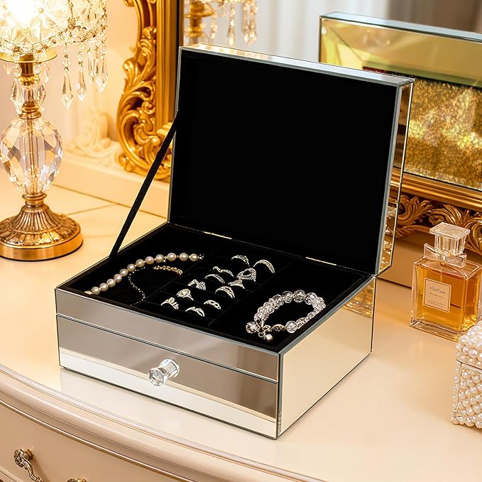 2 Layer Mirror Glass Jewelry Box with Crushed Diamond Decor, Velvet-Lined Trinket Organizer for Rings Earrings Necklaces Bracelets - Elegant Treasure Chest Storage Case for Women Girls-BubblyBeeBaby