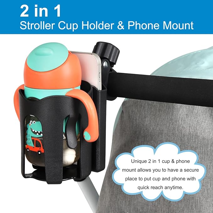 Accmor Stroller Cup Holder with Phone Holder, Universal Cup Holder, Bike Cup Holder, 360° Rotatable Large Caliber Drinks Holder for Stroller, Bike, Wheelchair, Walker-BubblyBeeBaby