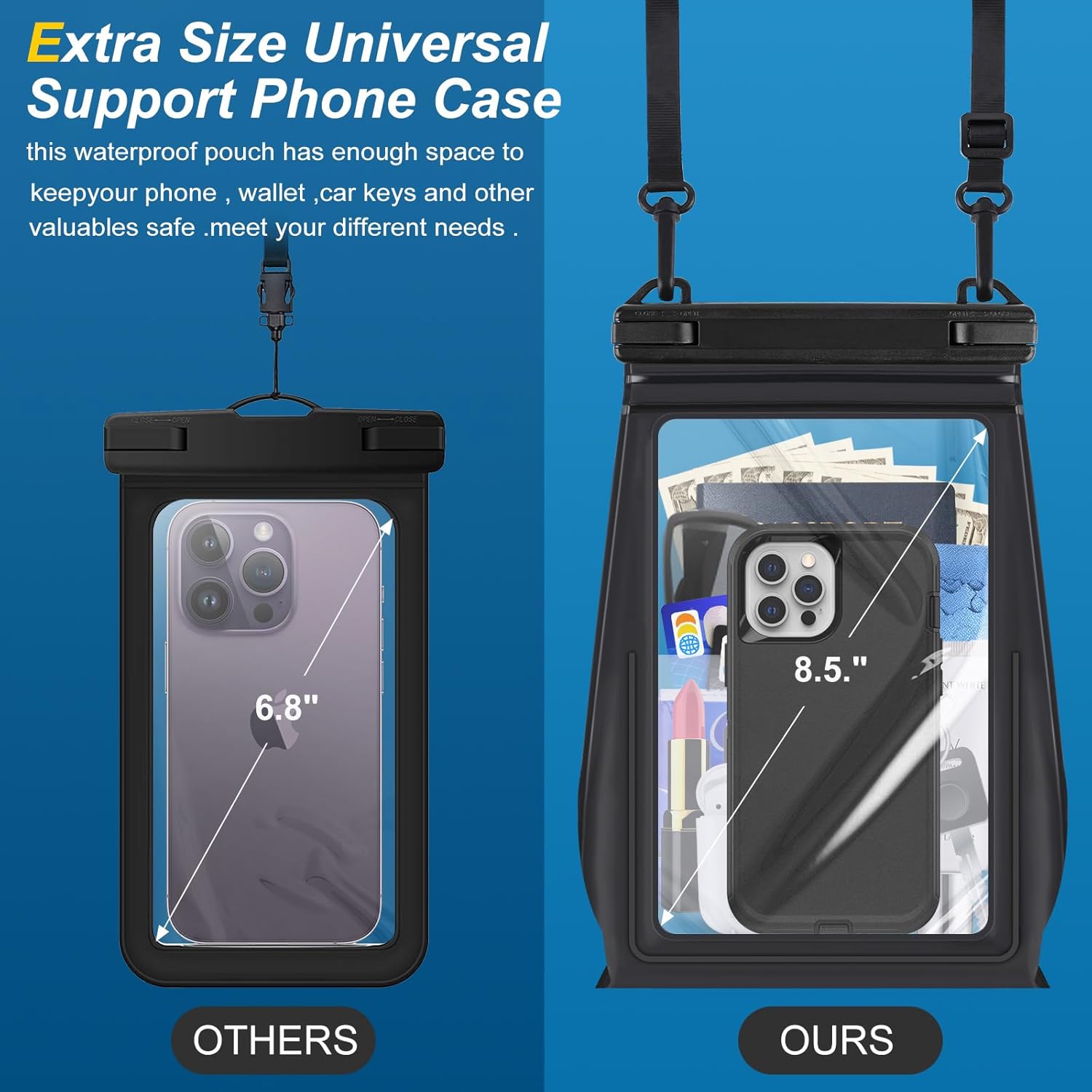 Large Waterproof Phone Pouch Floating, Waterproof Phone Case for iPhone 15 14 Pro Max 13 Plus 12 11 X XS XR Samsung S23 S22 up to 8.5'', Water Proof Phone Dry Bag for Swimming Kayaking Black