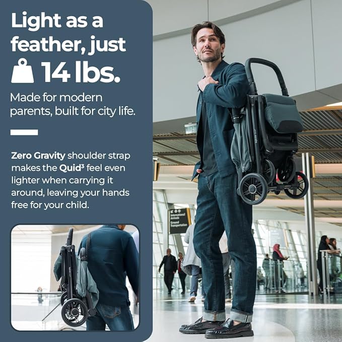 Inglesina Quid³ Stroller, Galaxy Gray - Compact Reclining Travel Stroller for Baby & Toddler 0-55 lbs, One Hand fold, Car seat Compatible, Airplane Overhead, Lightweight, Foldable, XL UPF 50+ Canopy-BubblyBeeBaby