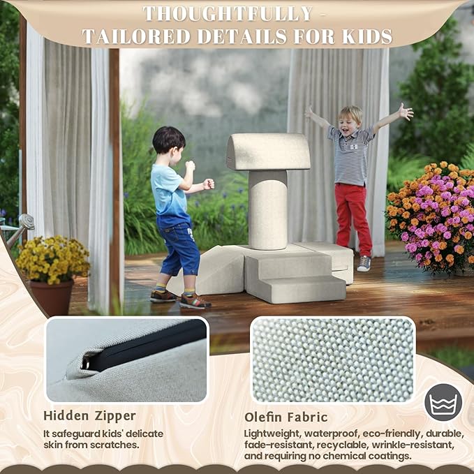 jela Foam Blocks 6Pcs Soft Play Equipment Waterproof Fabric, UV Resistant Toddler Climbing Toys Indoor& Outdoor Soft Play Climbing for Toddlers, Lightweight Climbing Blocks for Babies, Kids (Sand)-BubblyBeeBaby