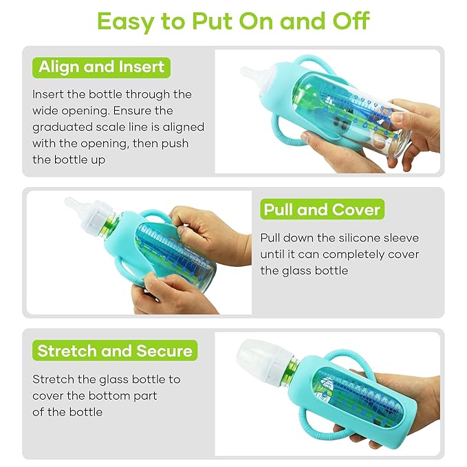 4 Pack Silicone Sleeves for Dr. Brown's Glass Baby Bottles, Anti Breakage Durable Baby Bottle Holder with Easy Grip Handles, Narrow Sleeve with a Cutout, Dishwasher/Freezer/Microwave Safe, 8 oz-BubblyBeeBaby