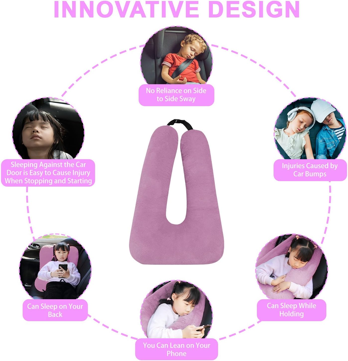 Travel Pillow, Travel Pillow for Kids, Sleeper Hold Pillow Travel, Removable U-Shaped Pillow for Adults and Children to Support Head and Body in The Back Seat of Long Car Trips(Pink Purple)