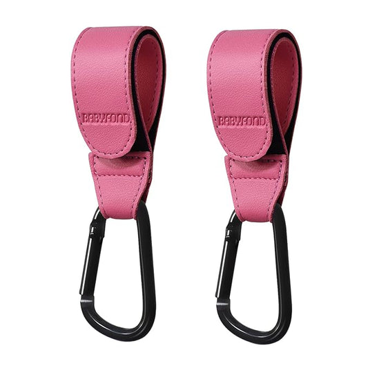 2 Pcs Stroller Hooks for Hanging, Portable Leather Style Stroller Clip Straps, Baby Stroller Hooks for Diaper Bags Grocery Shopping Bags, Mommy Hook for Stroller(Pink)-BubblyBeeBaby