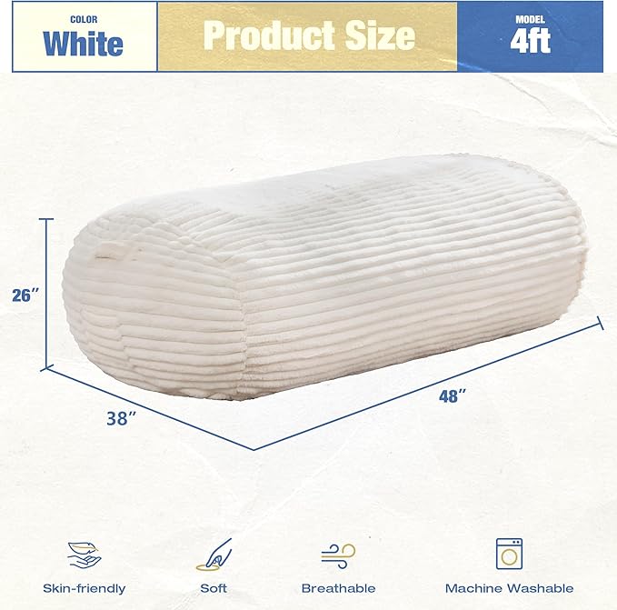 Hobestluk 4FT Bean Bag Chairs Adult Bean Bag with Portable Handle Comfy Large Bean Bag Chair with Removable Cover for Living Room Bedroom or Reading Nook (Stripe White, 4FT)-BubblyBeeBaby