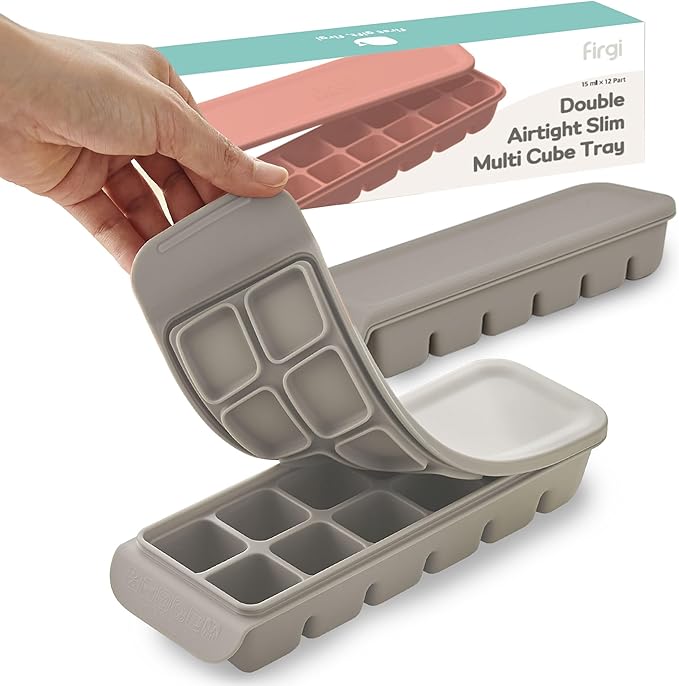 12 Section-0.5oz, Gray 100% Food Grade Silicone Ice Cube Tray Food Container with Airtight Locking Lid, Fruit Vegetable Purees, Breastmilk Storage for Baby & Toddler Food | BPA Free Korea Made-BubblyBeeBaby