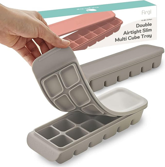 12 Section-0.5oz, Gray 100% Food Grade Silicone Ice Cube Tray Food Container with Airtight Locking Lid, Fruit Vegetable Purees, Breastmilk Storage for Baby & Toddler Food | BPA Free Korea Made-BubblyBeeBaby