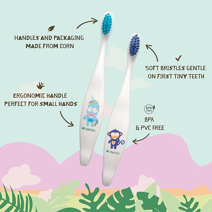 Jack N' Jill Baby & Toddler Toothbrush - 12 Months & Up, Age 2-4, Natural, Soft, Non Toxic, Cornhusk Handle, Kids Toothbrushes for Girls & Boys - Assorted Characters (4 Pack)-BubblyBeeBaby