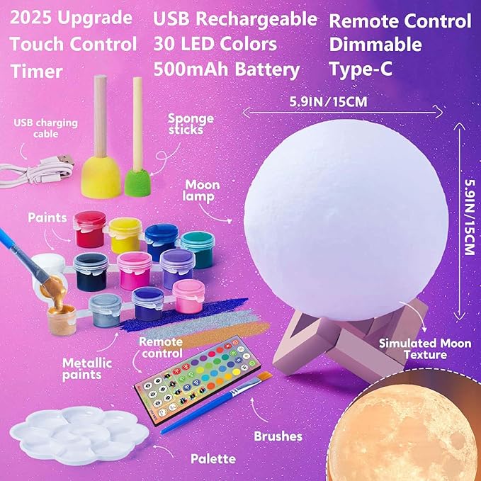 HOLA Paint Your Own Moon Lamp Kit, 2025 Update USB Rechargeable Remote Control, DIY Arts Supplies and Crafts Kit, Ages 6 7 8 9 10 11 12 13 Year Old Girls Boys Kids Birthday Gifts-BubblyBeeBaby