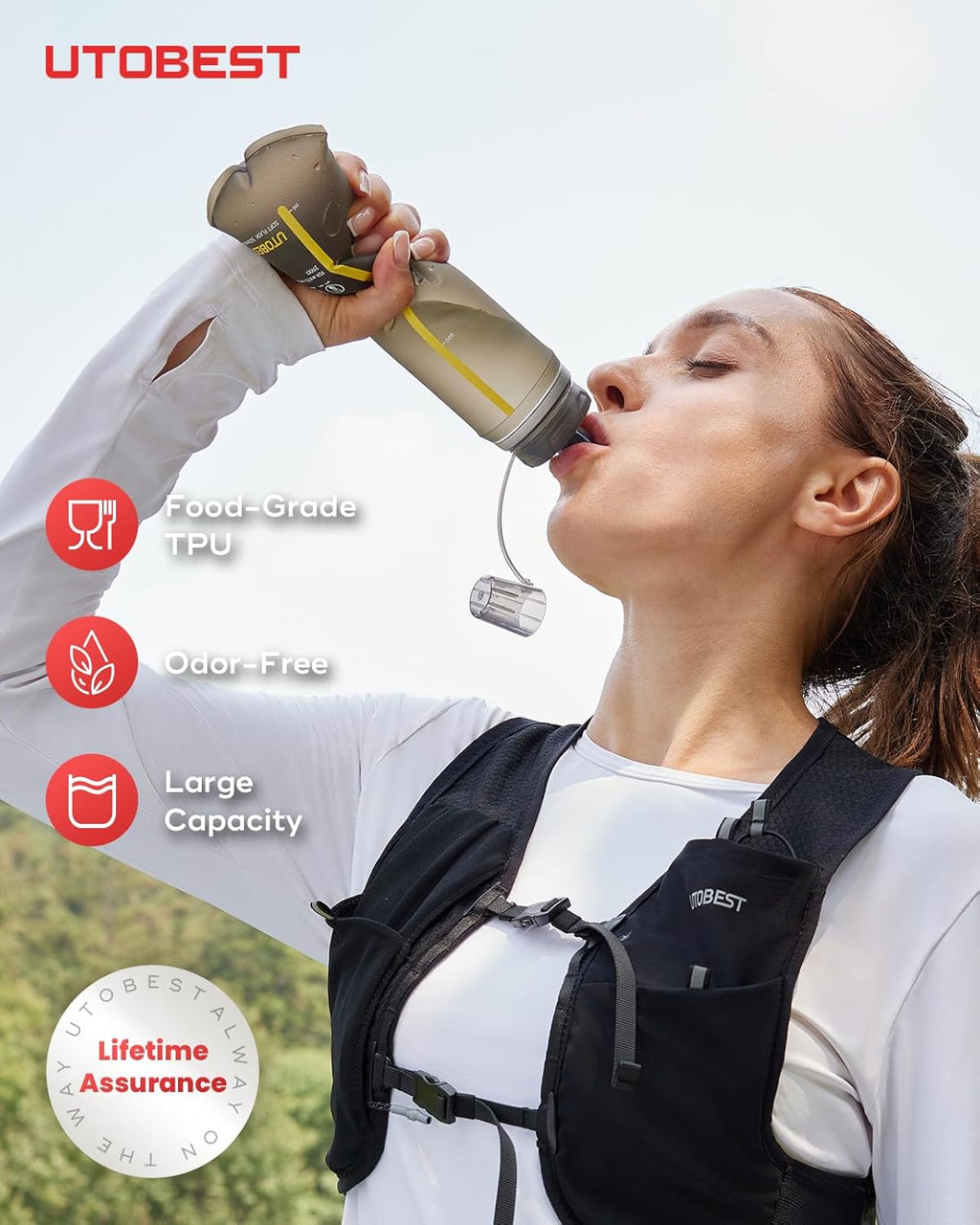 UTOBEST 500ml Soft Flask, 2 Pack Flexible TPU Hydration Water Bottle, Collapsible with 42mm Caliber for Running, Hiking, Cycling, Climbing, and Marathon Yellow