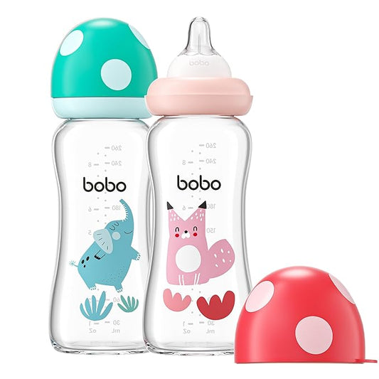 YOHKOH Natural Glass Baby Bottle with Natural Response Nipple, Newborn Anti-Colic Baby Bottles, Wide Neck Mushroom Cap Baby Bottle, Clear (8.8ounce (Pack of 2), Multicolour2)-BubblyBeeBaby