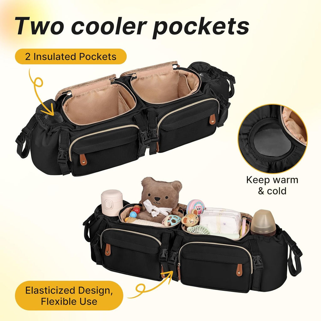 Double Stroller Organizer for Bob Duallie and Baby Jogger City Mini GT2, Double Stroller Caddy Organizers with Cup Holder and 2 Cooler Pockets Parent Console Double Stroller Accessories