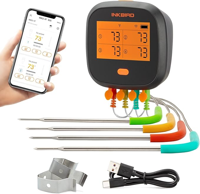 Inkbird WiFi Meat Thermometer for Grilling, Unlimited Rang Rechargeable BBQ Thermometer APP Calibration, Temp Graph Mobile Notification, 4 Colorful Probes Food Thermometer for Pellet Smoker Oven-BubblyBeeBaby