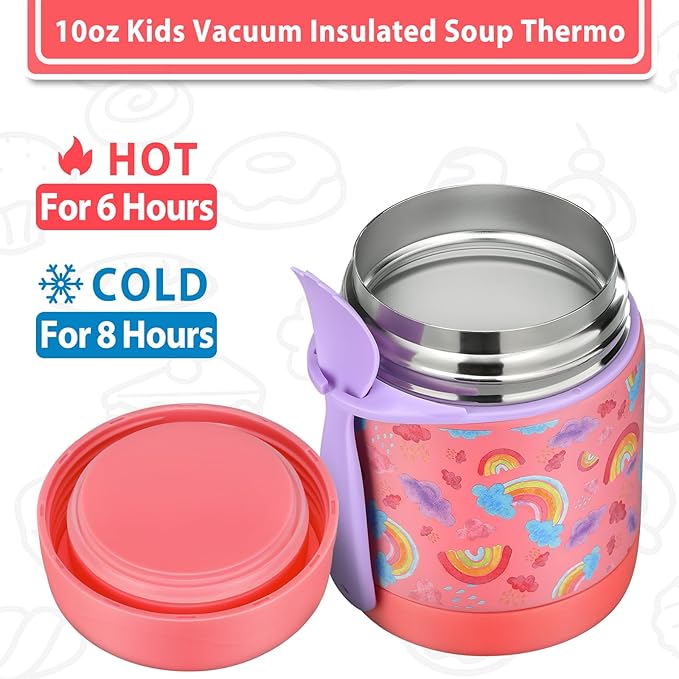 10oz Soup Thermo for Hot Food Kids,Lunch Thermo Kids Food Jar with Spoon Hot Insulated Food Containers,Leak Proof Stainless Steel Wide Mouth Lunch Food Thermo Jar for School(Pink-Rainbow)-BubblyBeeBaby