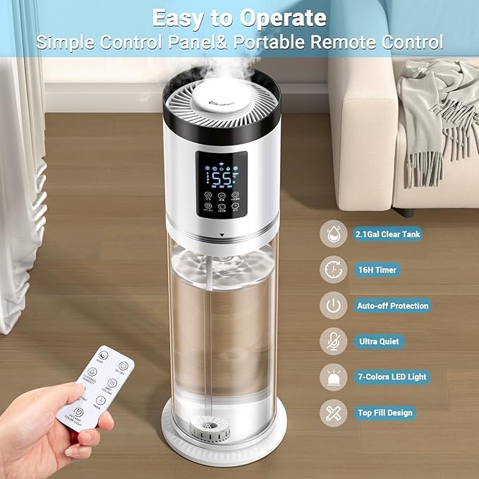 2.1 Gal Humidifiers for Bedroom Large Room, 4 Levels Cool Mist Humidifier with Clear Tank, 7 Color Lights Essential Oil Diffuser with 16H Timer, Top Fill Air Humidifier for Home Plants Office-BubblyBeeBaby