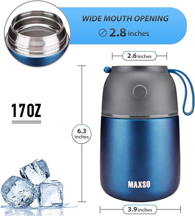Insulated Thermo Food Jar for Hot & Cold Food for Kids Adult, 17 oz Soup Thermal Hot Food Containers for Lunch, Triple Layer Insulation Stainless Steel Food Jar with Spoon(Blue)-BubblyBeeBaby