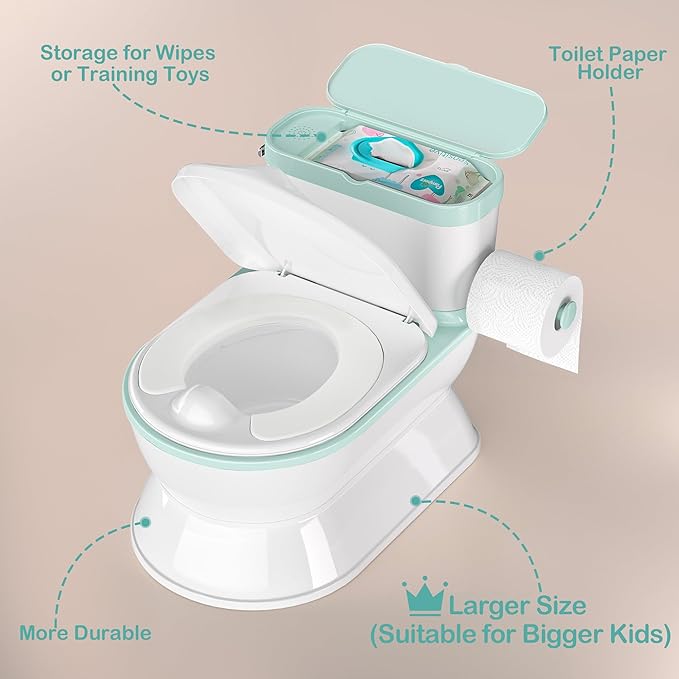 2-in-1 Toddler Potty Training Toilet - Larger Potty Chair & Detachable Training Seat for Boys & Girls Ages 1-3 with Flushing Sound, Wipes Storage, Toilet Paper Holder - Cyan-BubblyBeeBaby