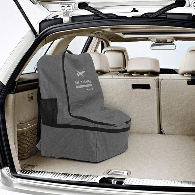 LUXJA Car Seat Travel Bag, Airplane Bag with Padded Backpack Straps and Adjustable Waist Straps for Travel (Fits Most Major Car Seat), Gray-BubblyBeeBaby