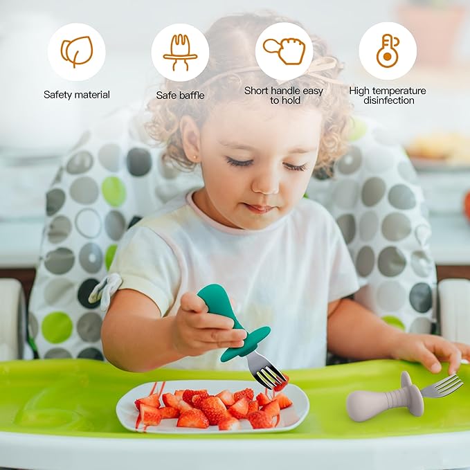 2 Pcs Baby Forks Toddler Forks for Self Feeding, Kids Forks with Silicone Round Handle, Stainless Steel Toddler Utensils Children Safe Silverware Set, Anti-Choke Design, BPA Free-BubblyBeeBaby