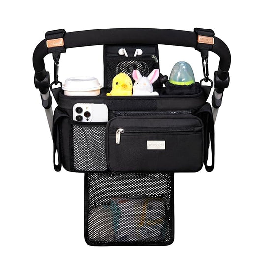 TOPDesign Universal Baby Stroller Organizer, Stroller Caddy with Detachable Mesh Bag & Heightened Insulated Cup Holders & Non-Slip Secure Hooks Accessories, Fits Most Strollers (Black)-BubblyBeeBaby