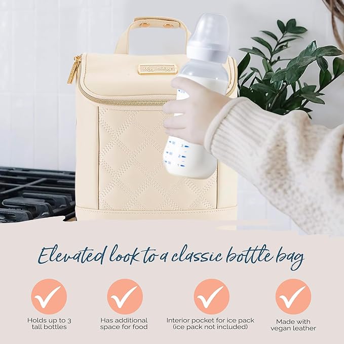 Itzy Ritzy Insulated Bottle Bag – Keeps Bottles Warm or Cool - Holds 3 Bottles & Features Interior Pocket for Ice Pack (Not Included), Milk & Honey-BubblyBeeBaby