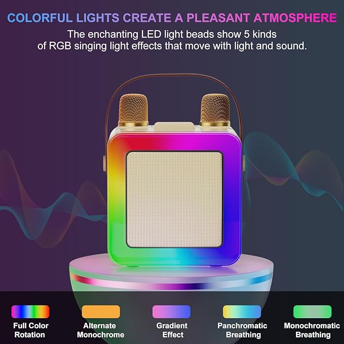 Karaoke Machine for Kids Adults, Portable Bluetooth Karaoke Speaker with 2 Wireless Microphones, Karaoke System with Mics Storage Hole and Lights, Birthday Gifts for Girls Boys Family Home Party-BubblyBeeBaby