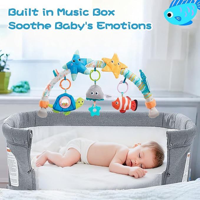 Jollybaby Musical Bassinet Stroller Crib Mobile Toy for Baby 0-6-12 Months, Infant Clip On Arch Hanging Toy with Music, Montessori Sensory Nursery Mobiles Attachment Toy for Newborn Gift - Starfish-BubblyBeeBaby