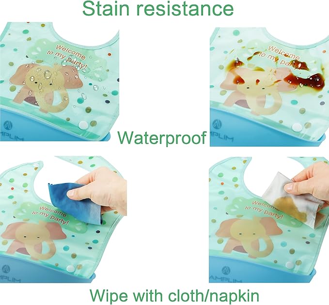 Amplim Baby Feeding Bib (3-Pack) Toddler/Baby Bibs for Eating. Waterproof, Adjustable, Lightweight. Eco-friendly PEVA material. BPA, Lead, Phthalate, Cadmium free-BubblyBeeBaby