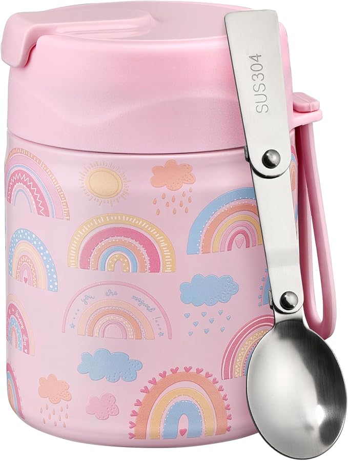 17oz Soup Thermo for Hot Food Kids Insulated Vacuum Food Jar with Stainless Steel Spoon Wide Mouth Thermo Leakproof Lunch Food Container Kids Hot Lunch Box (Pink-Rainbow)-BubblyBeeBaby