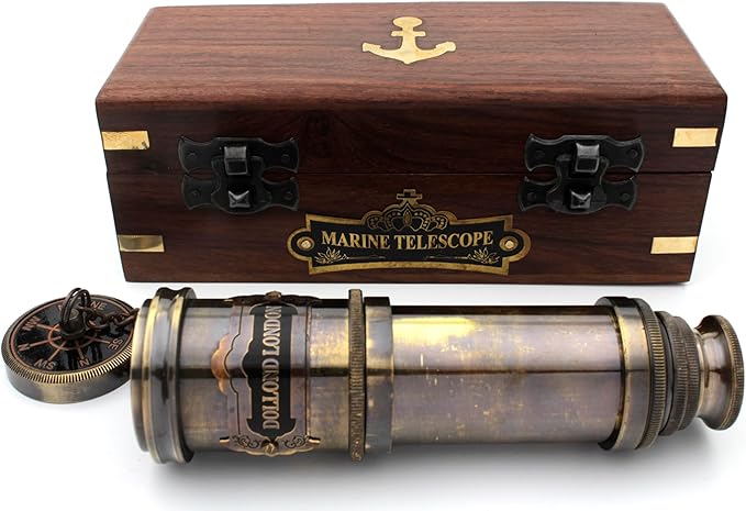 14 Inch Vintage Nautical Brass Telescope with Wood Box – Handheld Spyglass for Marine, Pirate, and Captain Use-BubblyBeeBaby
