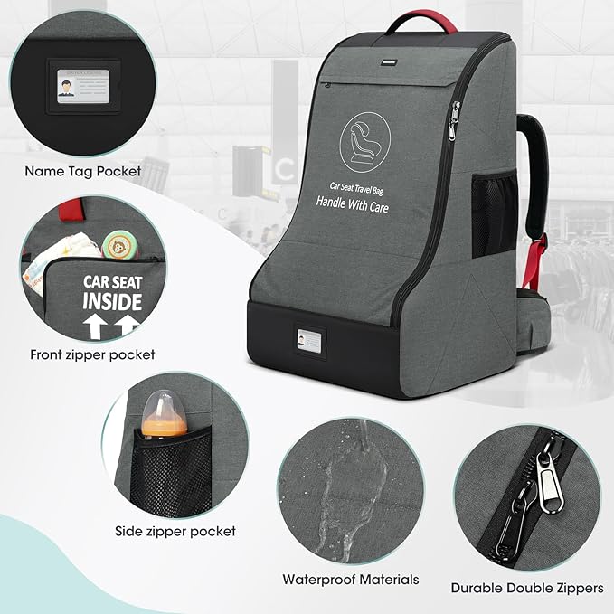 RAINSMORE Padded Car Seat Travel Bag for Airplane Heavy Duty Car Seat Backpack for Air Travel Baby Carseat Cover Bags for Airport Large Car Seats Carrier Fits Car Seats & Booster Seats,Gray-BubblyBeeBaby